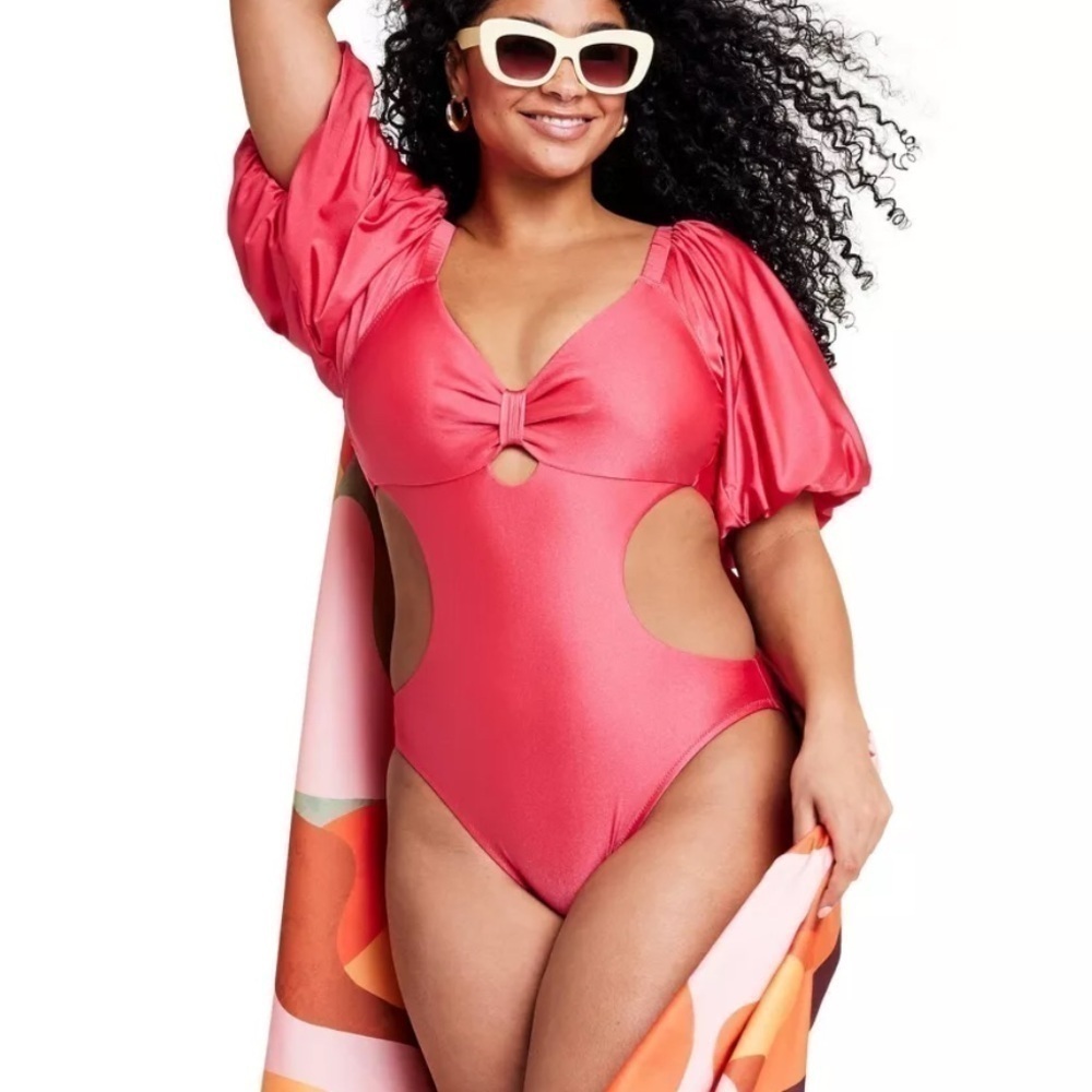 Fe Noel X Target  Metallic Puff Sleeve Cut Out One Piece Swimsuit XXL NWOT